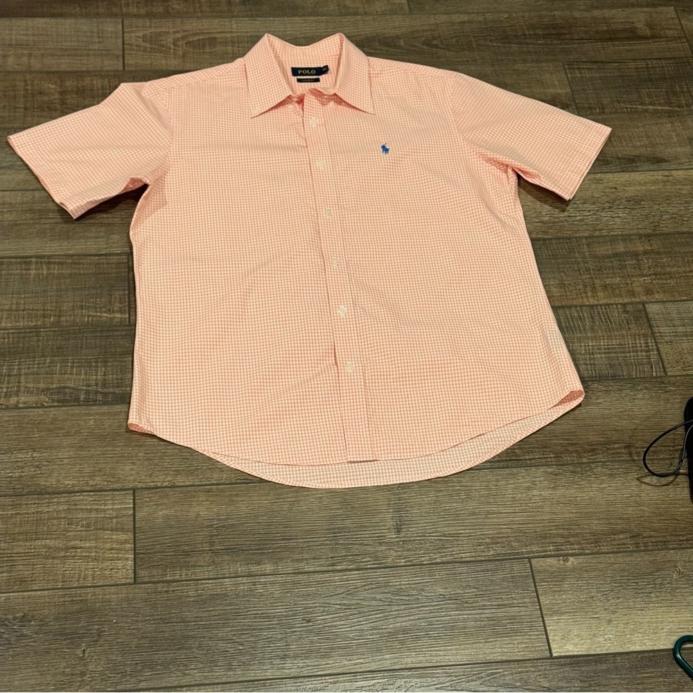 Polo Mens Dress Shirt Custom Fit Button up Short Sleeve Shirt 16 Orange Check